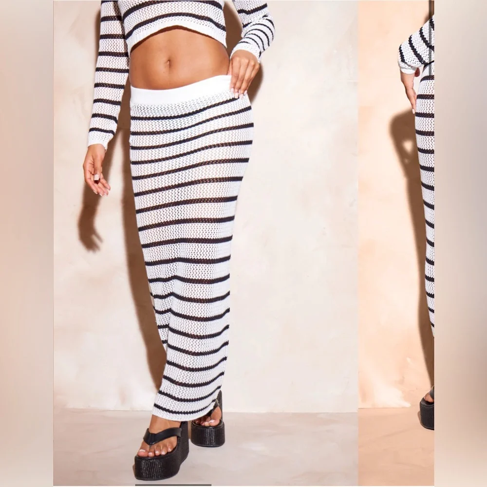Prettylittlething PLT maxi skirt Small‎ stripe crochet knit beach bodycon sheer